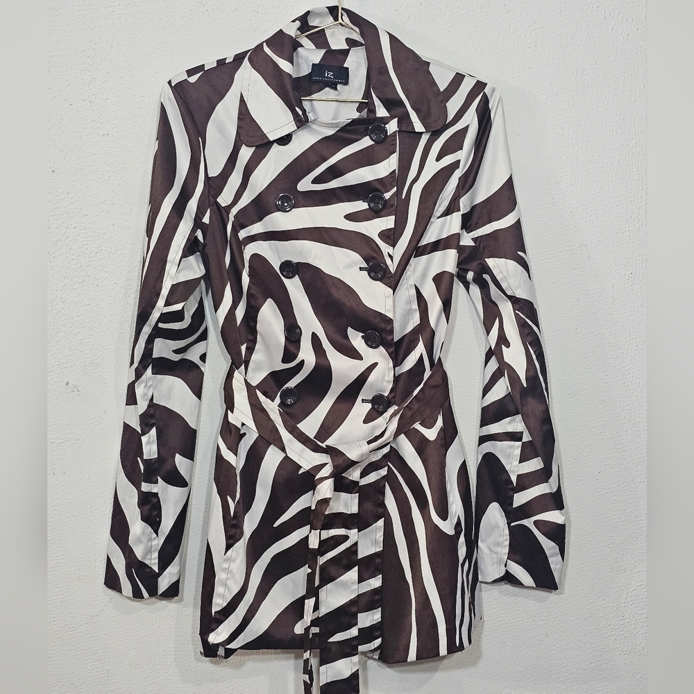 IZ Beyer California Size L Brown Zebra Print Double Breasted Belted Jacket